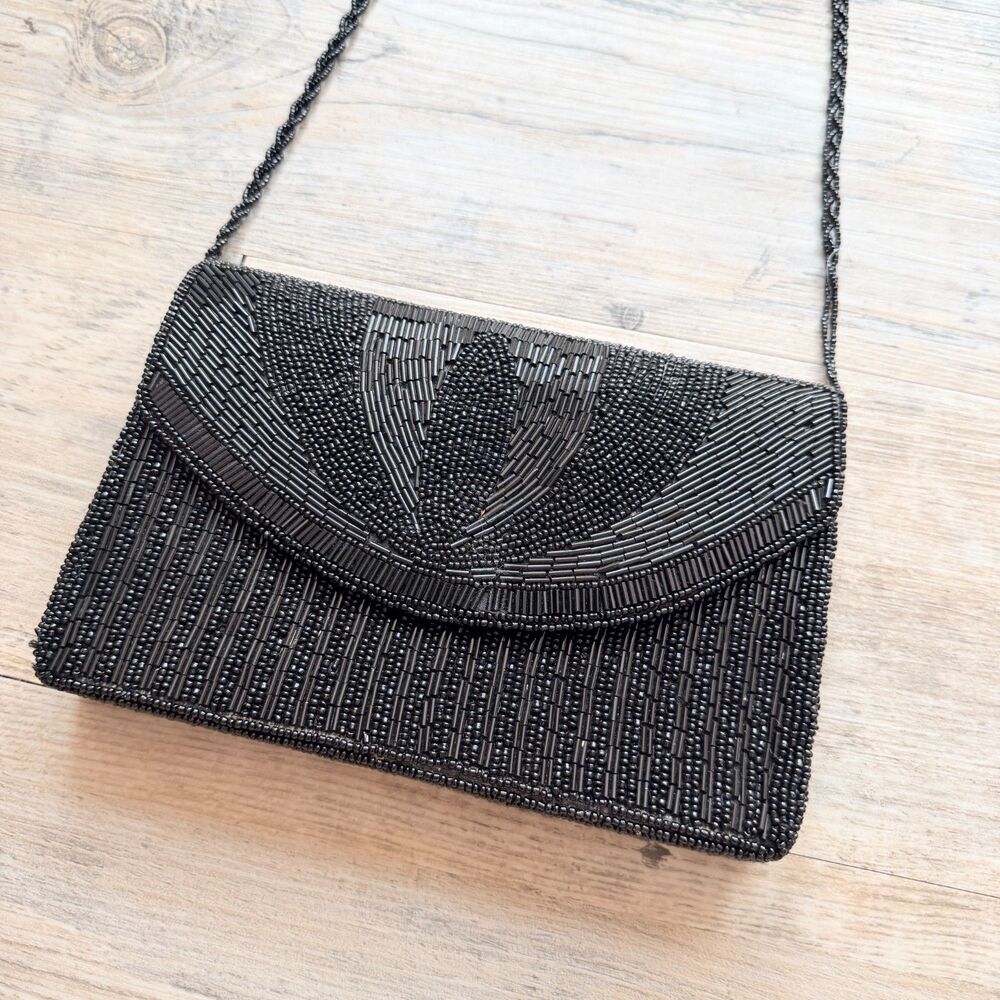 Vintage Black Beaded Evening Bag Art Deco Shoulder Clutch Formal Cocktail Purse